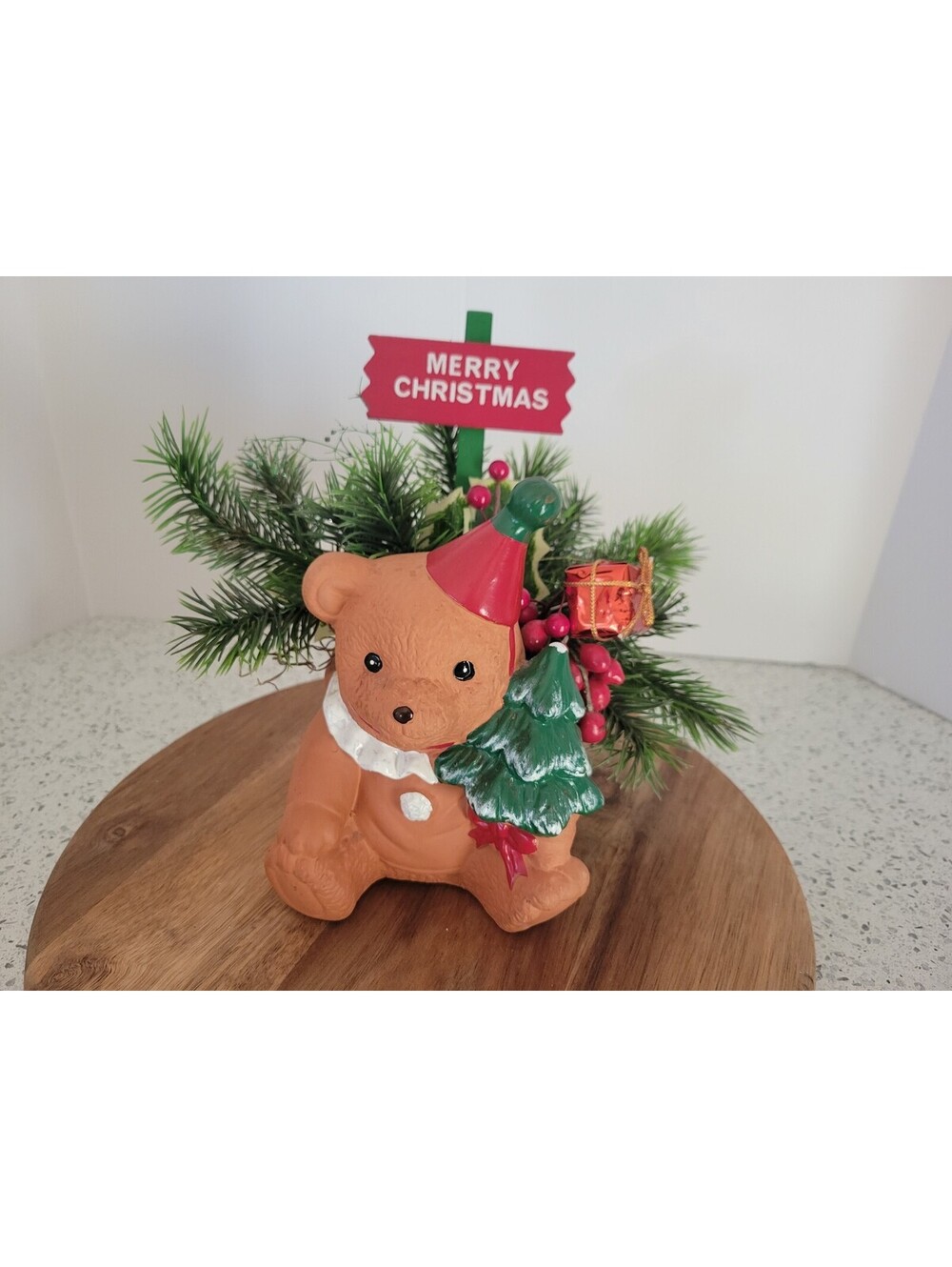 Vintage Christmas Centerpiece Arrangement Napco Ceramic Teddy Bear Planter